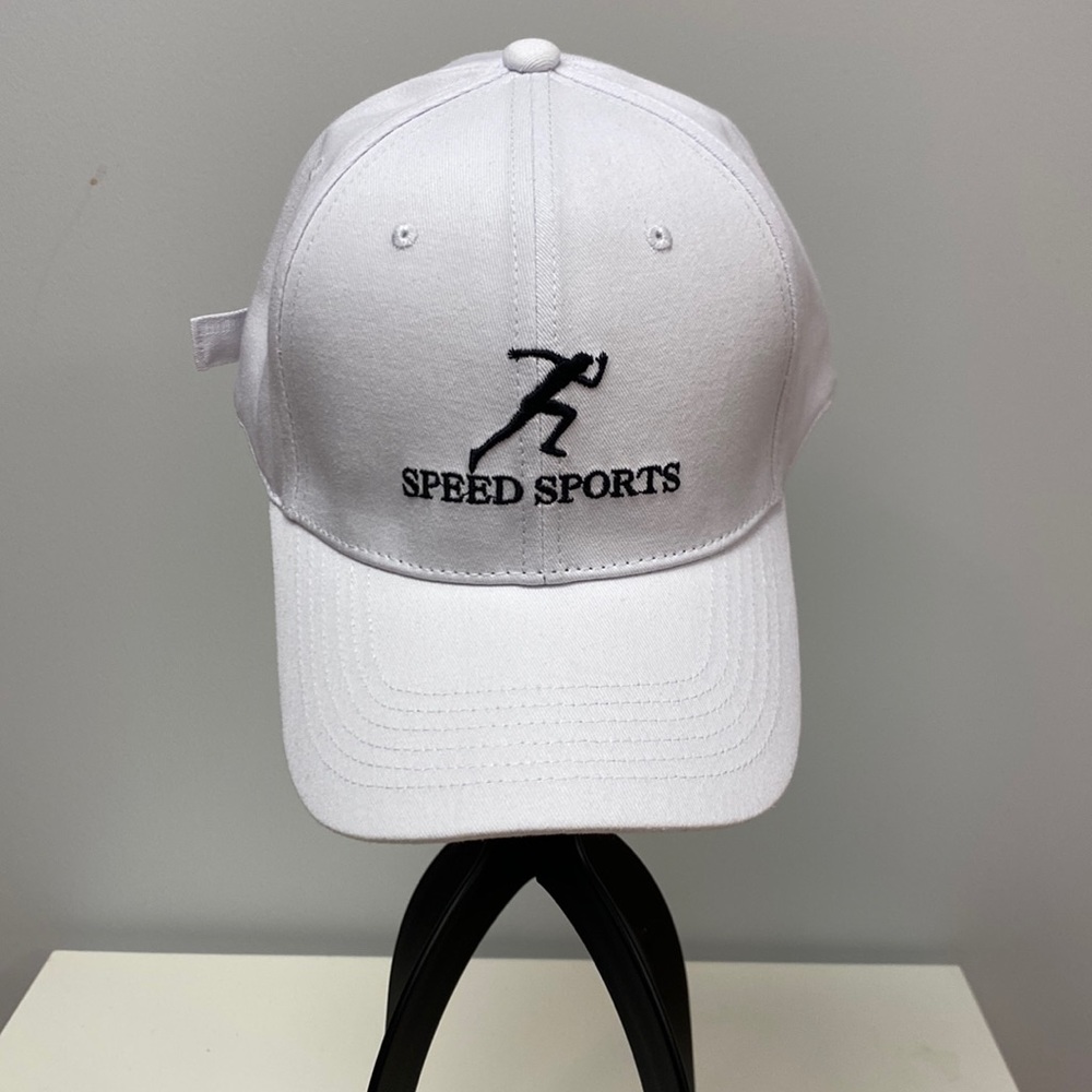 Speed Sports white six panel cap with black embroidery